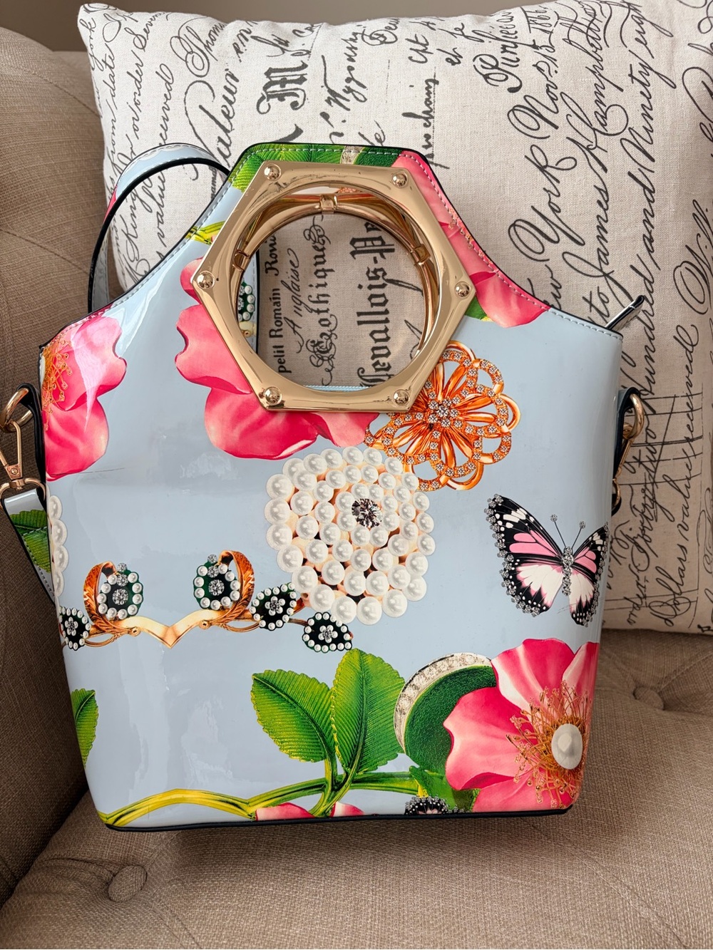 Floral Patent Shoulder Bag with Pink Butterfly Accent